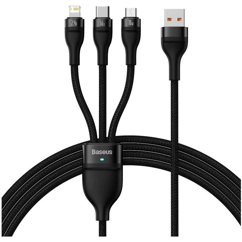 کابل سوپر فست شارژ سهسر بیسوس BasFlaeus sh Series Ⅱ USB to Micro + Lightning + Type-C 100W طول 1.2 متر