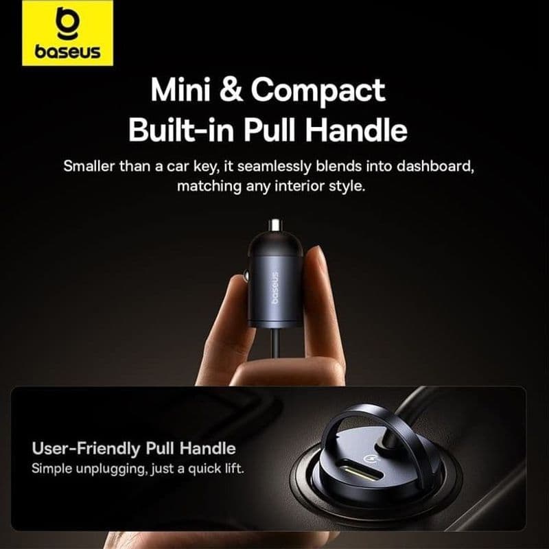 شارژر فندکی فست شارژ ماشین تایپسی 30 وات بیسوس Baseus با کابل فنری متصل تایپسی